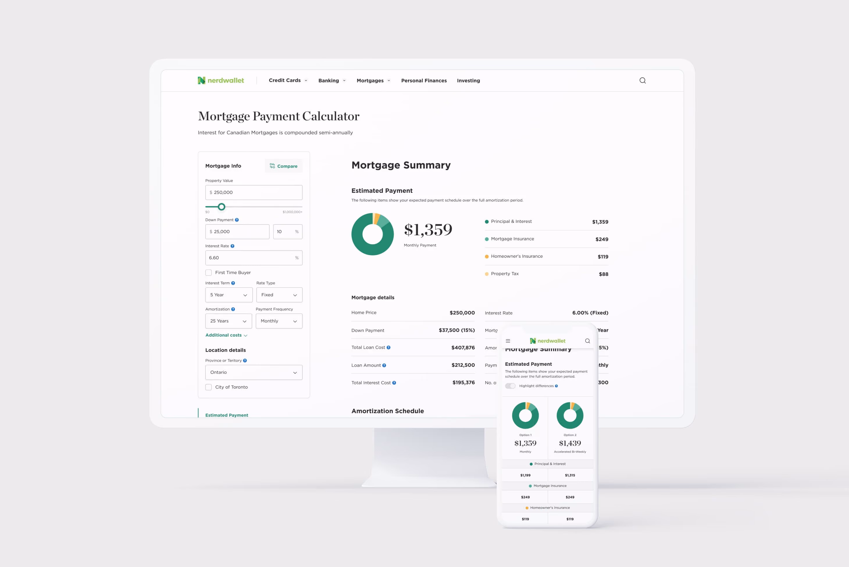 NerdWallet mortgage payment calculator on a desktop screen.